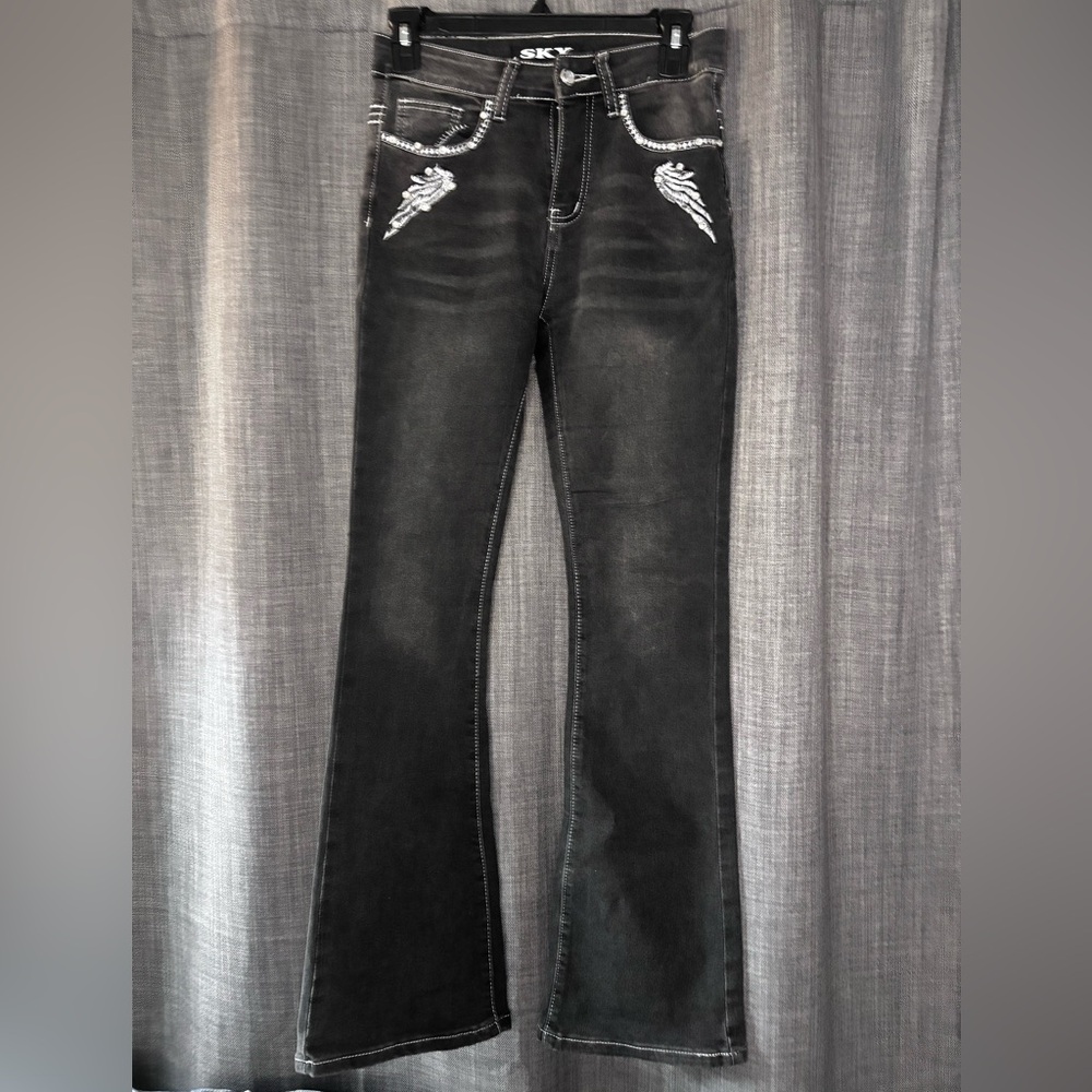 Sky Dark Flare Jeans with Embroidery